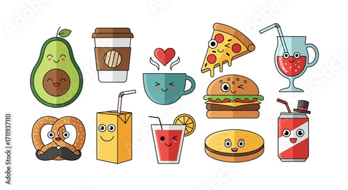 Cartoon Food and Drink Characters with Expressive Faces and Emotions.