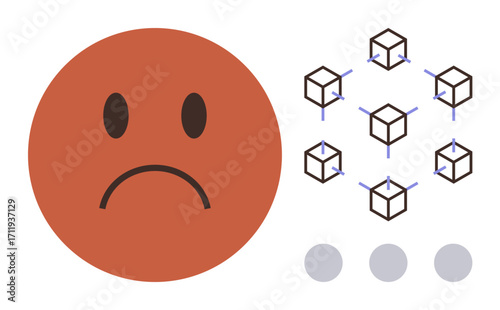 Frowning face beside connected cube structures symbolizing blockchain, highlighting challenges or concerns. Ideal for technology risks, blockchain criticism, emotional response, digital systems, data