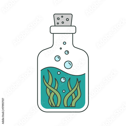 Bottle with Seaweed and Bubbles - A Whimsical Underwater Scene.