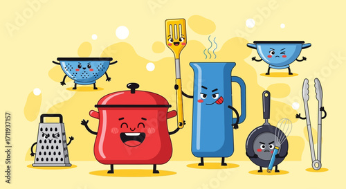Cartoon Kitchen Utensils with Funny Faces and Expressions.
