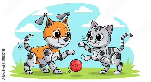 Cartoon Robot Dog and Cat Playing with Ball Illustration.