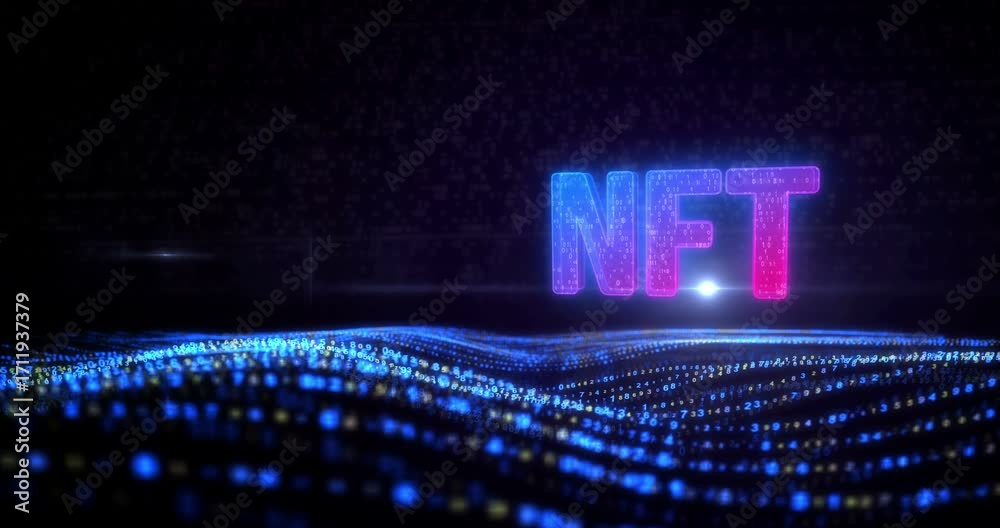 Non-fungible token business symbol on digital waves. Abstract icon over digital sea and flowing cyber waves background animation.