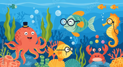 Cartoon Sea Creatures Wearing Glasses in Underwater Scene.