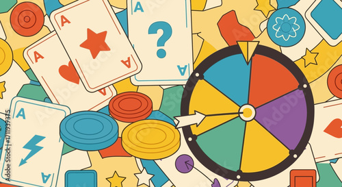 Casino Games and Gambling Elements with Cards, Chips, and a Colorful Wheel.