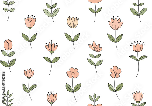 A charming collection of simple pastel flowers and botanical illustrations creating a whimsical pattern.