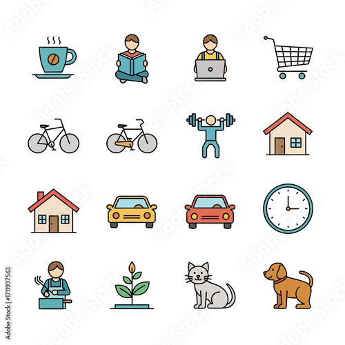 Collection of colorful lifestyle and activity icons representing various aspects of daily life.