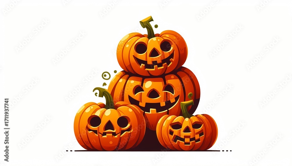 Fototapeta premium Whimsical Stack of Halloween Pumpkins with Carved Faces Ready for Spooky Season