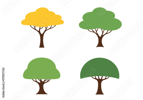 Four stylized deciduous trees of different shapes and colors represent the changing seasons.