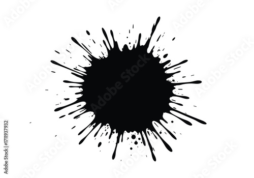 An abstract black ink splash creates a dynamic and expressive visual element.