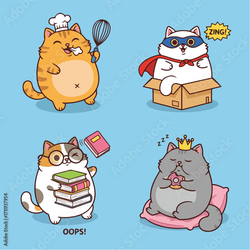 Adorable cartoon cats in fun everyday situations and fantasy scenarios