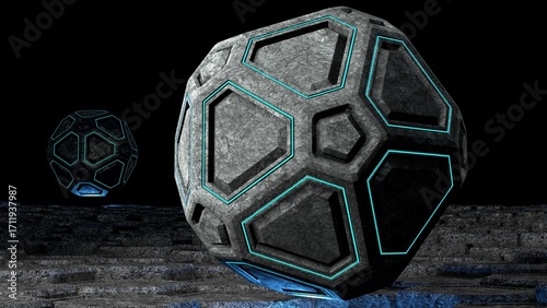 3D rendering of an ancient high tech sphere with glowing light lines hovering over a stylized abstract ground surrounded with ethereal lights