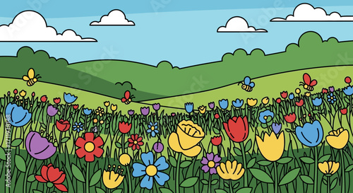 Colorful Flower Meadow Illustration with Butterflies and Rolling Green Hills.