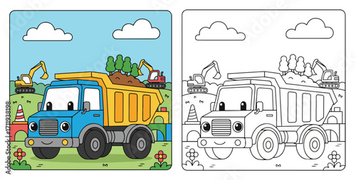 Cute Cartoon Dump Truck Illustration for Kids Coloring Fun