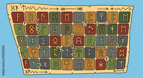 Colorful Rune Stone Tablet with Norse Symbols and Ancient Markings.