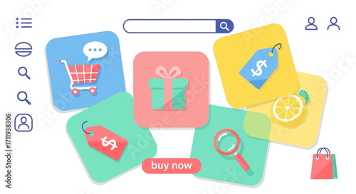 Colorful Shopping App Interface with Cart, Gift, Price Tag, and Search Icons.