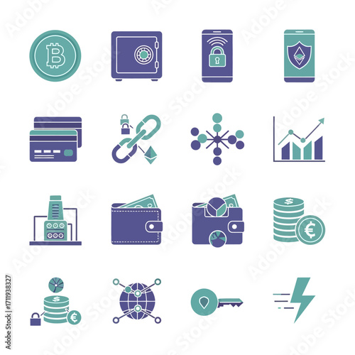 Cryptocurrency and Blockchain Technology Icons Set for Digital Finance.