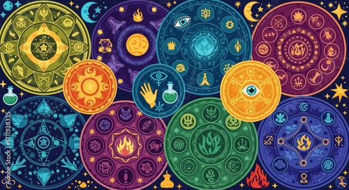Colorful Mystical Circles with Symbols and Elements of Magic and Astrology.