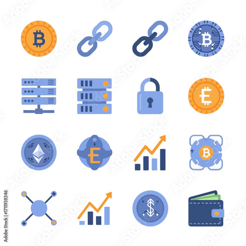 Cryptocurrency and Blockchain Technology Icons Set for Digital Finance.