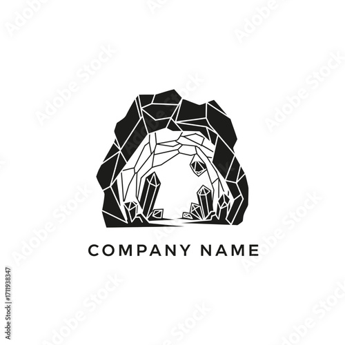 Crystal Cave Entrance Logo Design with Geometric Rock Formation and Mineral Deposits.