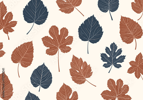 A repeating pattern of brown and blue autumn leaves scattered across a cream background.