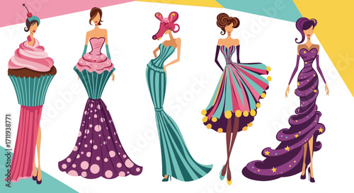 Elegant Fashion Illustration of Women in Cupcake and Gown Dresses.