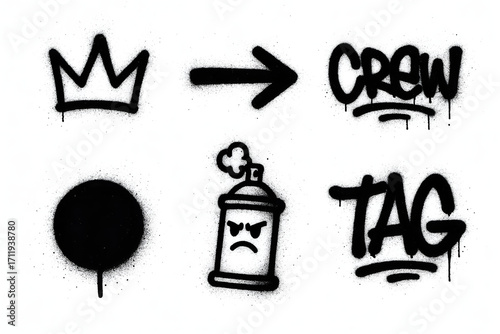Street Art Elements: Artistic composition showcasing urban culture with crown, spray can, crew and tag
