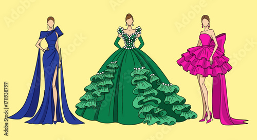 Elegant Fashion Illustration - Three Stunning Gowns in Vibrant Colors.