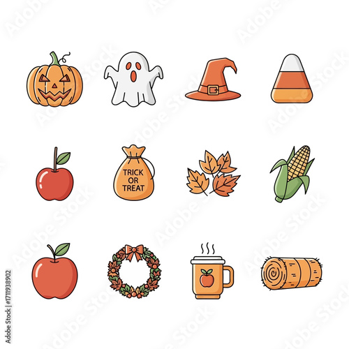 Fall and Halloween Icons - Pumpkin, Ghost, Witch Hat, Candy Corn, Apple, Leaves.