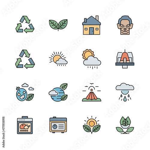 Environmental and Ecological Icons Representing Sustainability and Conservation.