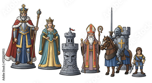 Fantasy Chess Set - Medieval Kingdom Pieces in Detailed Illustration.