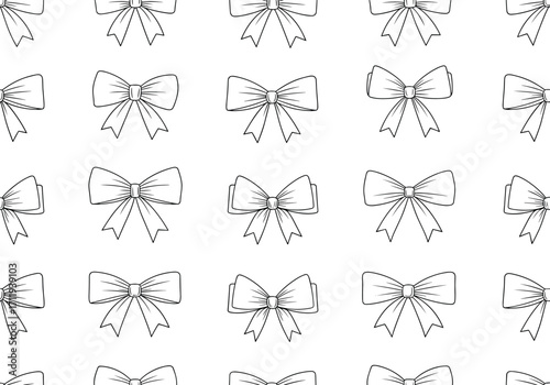 A delicate pattern of hand-drawn bows repeats across a white background.