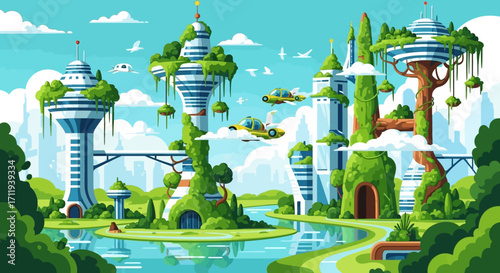 Futuristic Green Cityscape with Towering Structures and Lush Vegetation.