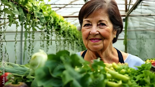 FHD video of a middle aged Caucasian woman with her garden vegetable crop. Standing beside her vibrant vegetable crop, the woman showcases the results of her hard work and care.