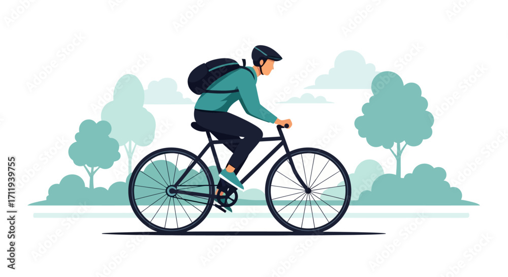 Fototapeta premium Man cycling with backpack in outdoor setting illustration.