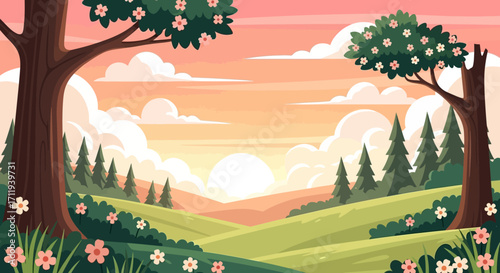 Lush Green Landscape with Blooming Trees and Distant Mountains.