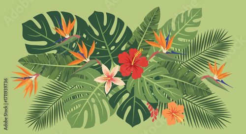 Lush Tropical Foliage and Vibrant Flowers Arrangement.