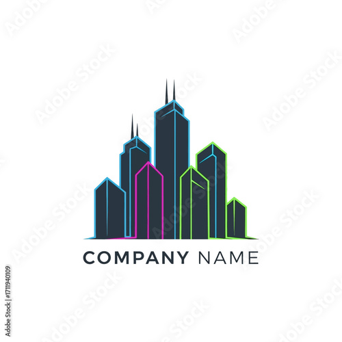 Modern Cityscape Logo Design with Colorful Outlines and Company Name.