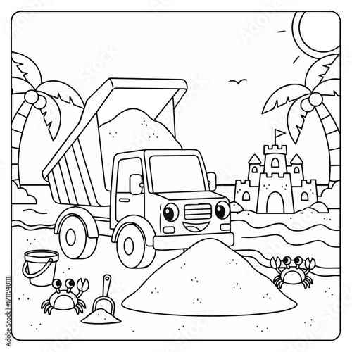 Cute Dump Truck Building a Sandy Castle at the Beach