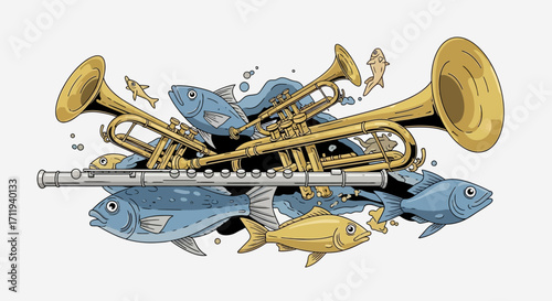 Musical Instruments and Fish Composition - Trumpets, Flute, and Aquatic Life.