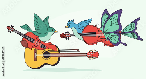 Musical Birds and Butterfly with Instruments - A Whimsical Harmony.