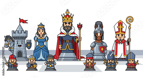 Pixel Art Chess Set - King, Queen, Rook, Bishop, Knight, and Pawns.