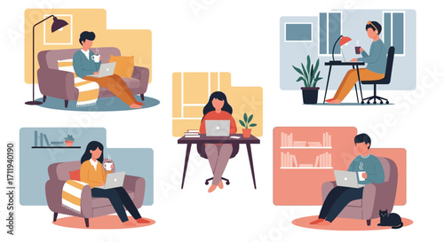 People working from home with laptops and drinks in various settings.