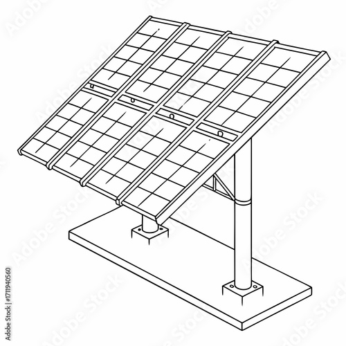 Clean line drawing illustration of a single solar panel array mounted on a concrete base