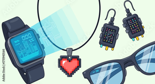 Smart Wearable Technology - Watch, Necklace, Earrings, and Glasses.