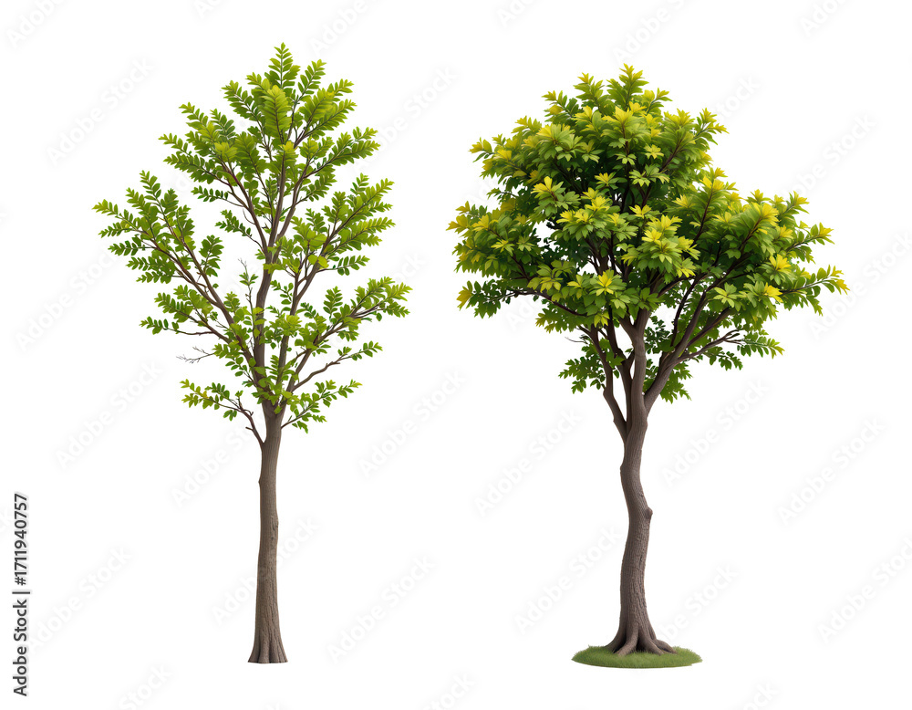 Obraz premium Two Lush Green Trees with Vibrant Foliage Isolated on Transparent background