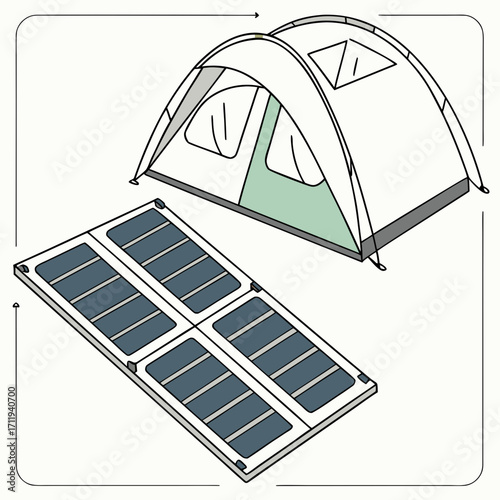 Illustration of a camping tent and a portable solar panel array for off grid power