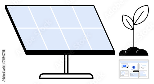 Solar panel generating clean energy alongside a sprouting plant symbolizing growth, eco-friendliness, and sustainability. Digital dashboard highlights innovation. Ideal for green energy