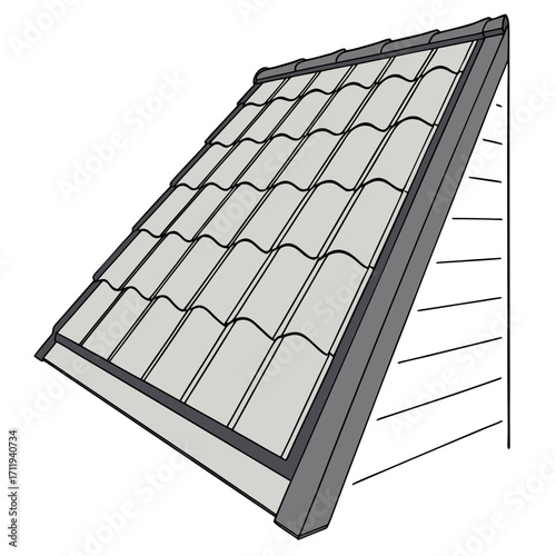 Illustration of a modern gray tiled roof section with a white background and siding detail