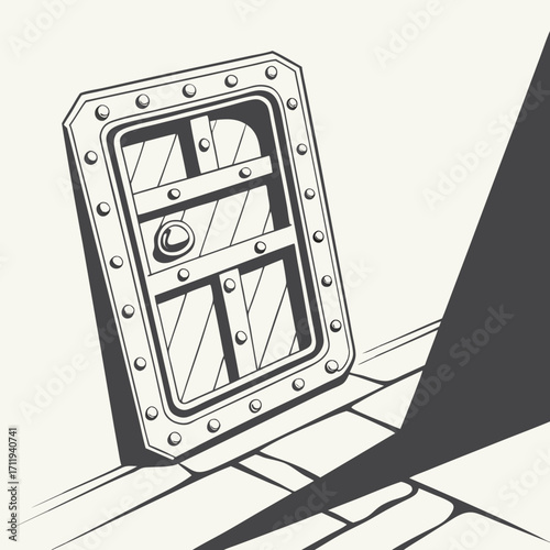 Heavy duty metal hatch door with rivets and wooden planks in a stylized illustration