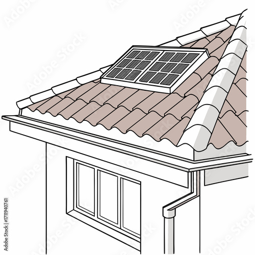 Illustration of a single solar panel installed on a tiled residential house roof